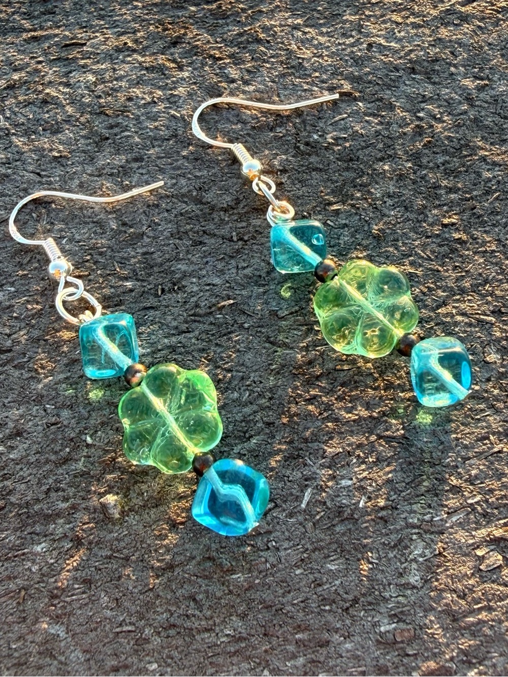 Handcrafted Green & Blue Glass Flower Dangle Earrings